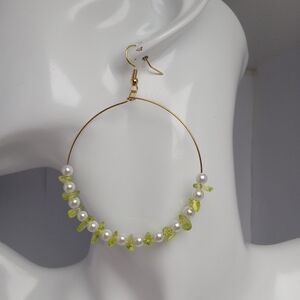 Gold and Green Beaded Hoop Earrings